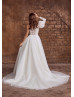 One Shoulder Ivory Lace Organza Slit Wedding Dress